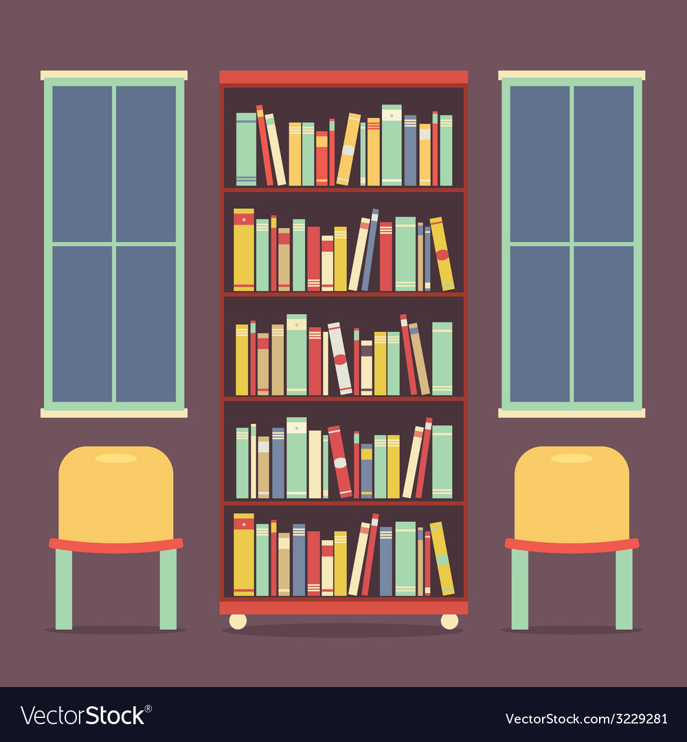 Flat design reading seats and bookcase