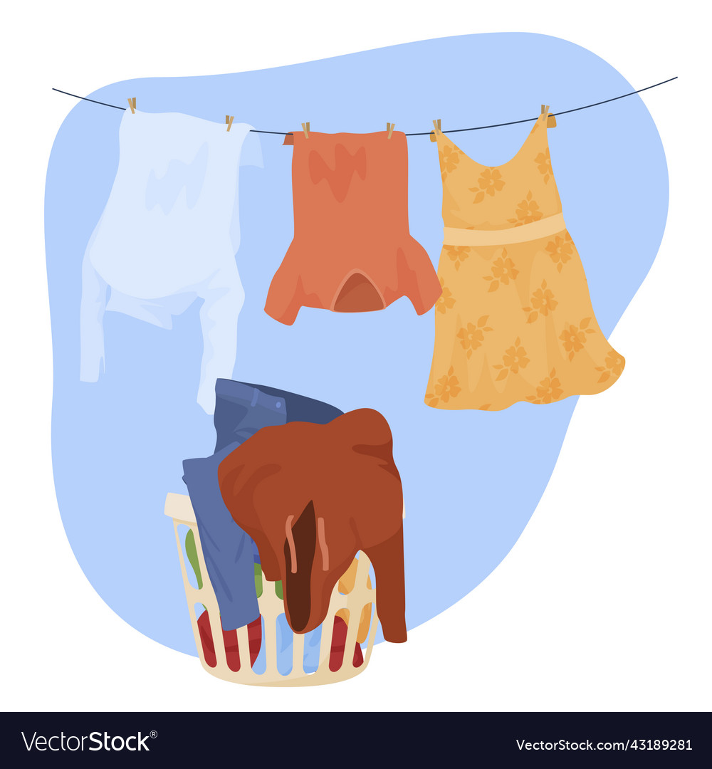 Washed wet linen in basket and hanging on rope Vector Image