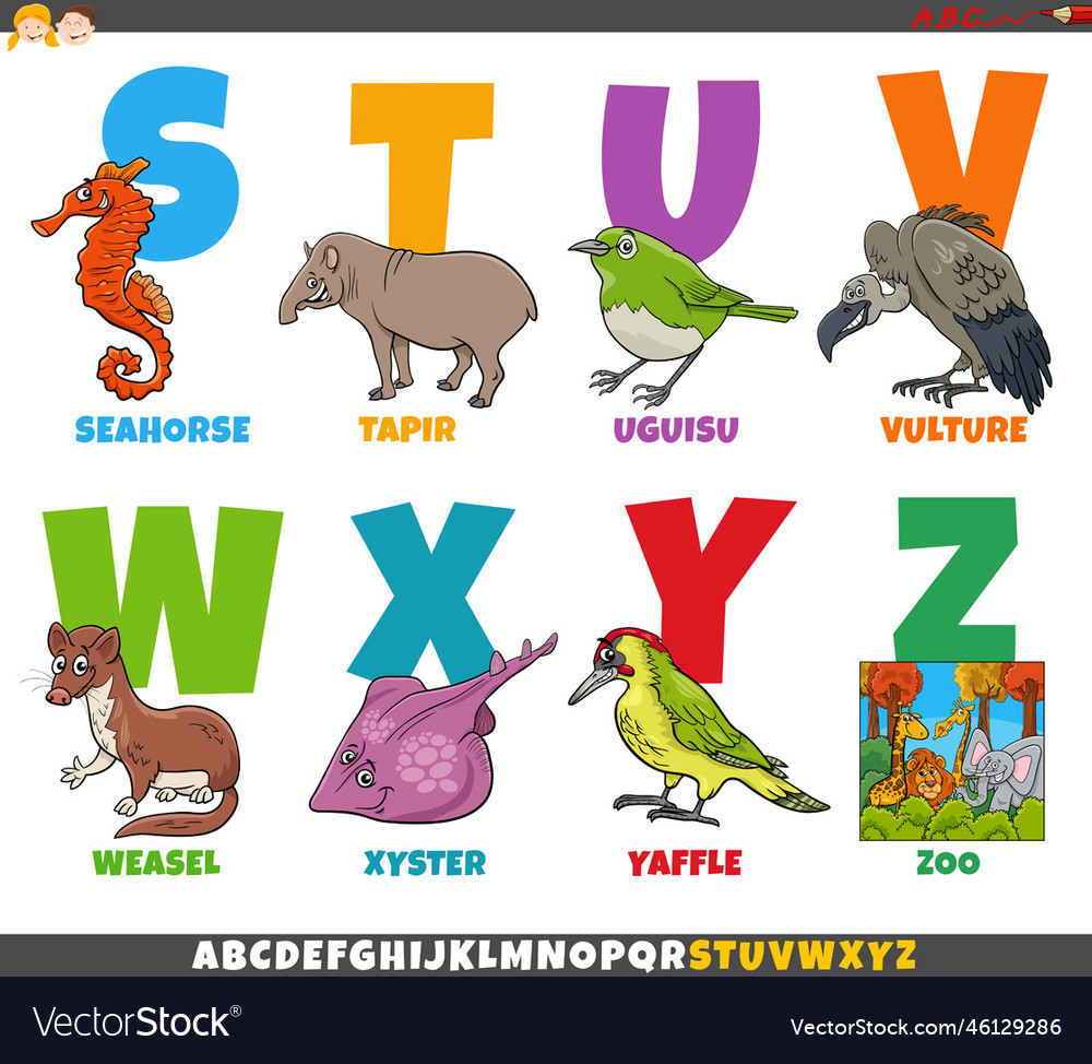 Educational Alphabet Set With Cartoon Animal Vector Image