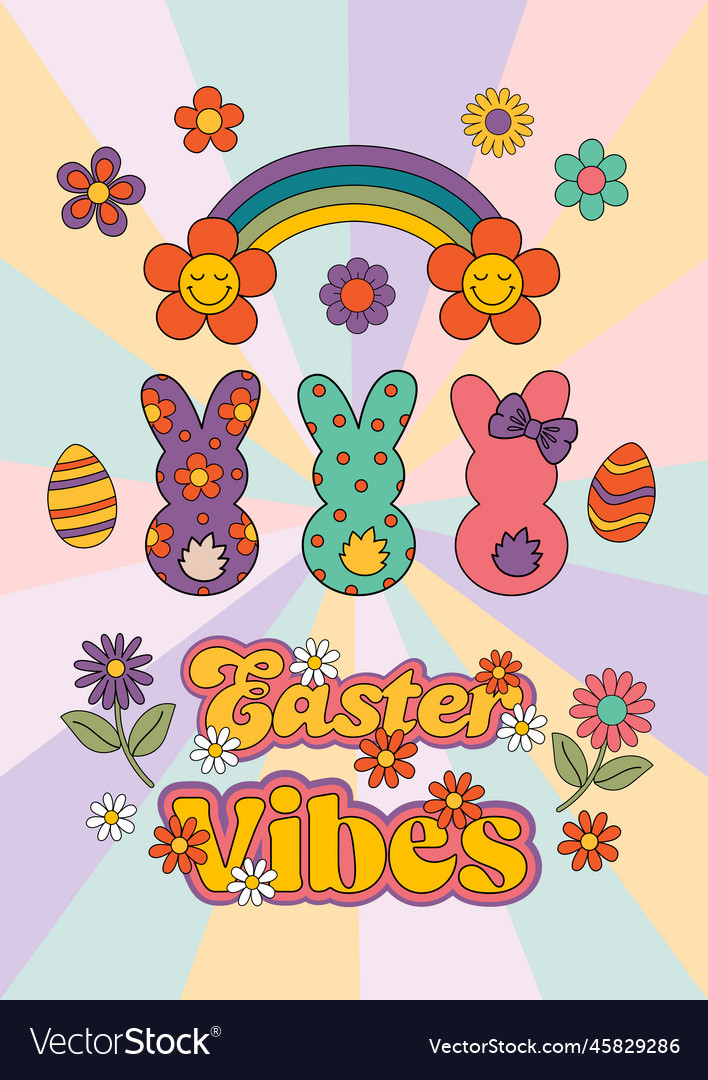 Retro Easter Card with Bunnies & Rainbows