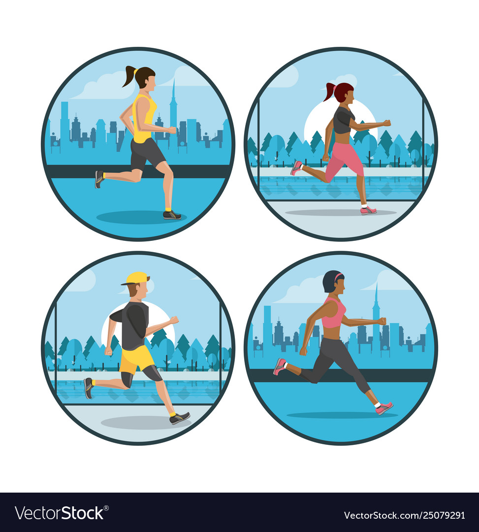 Fitness people running round icons