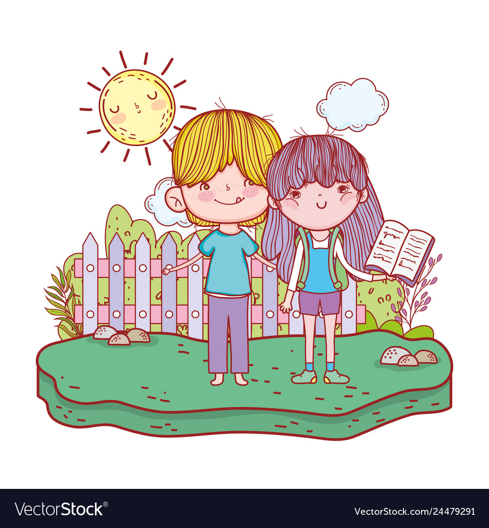Happy little kids reading books in the landscape