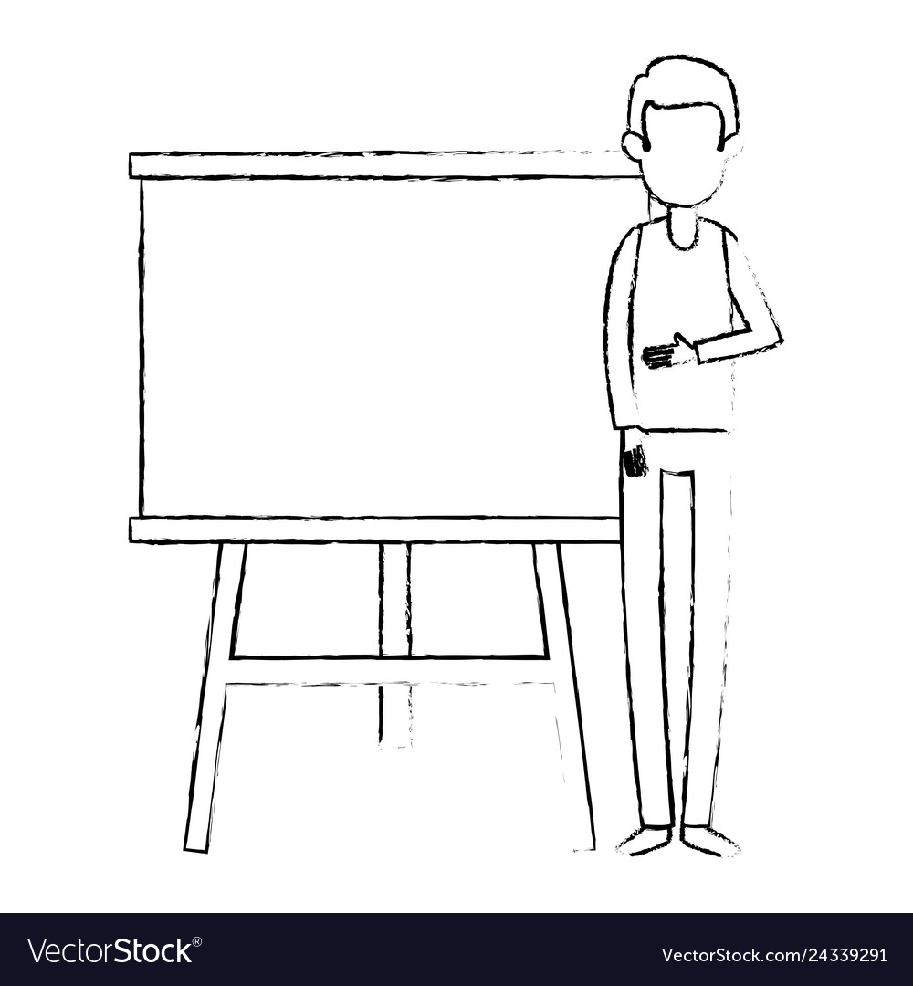 Man teaching with paperboard character