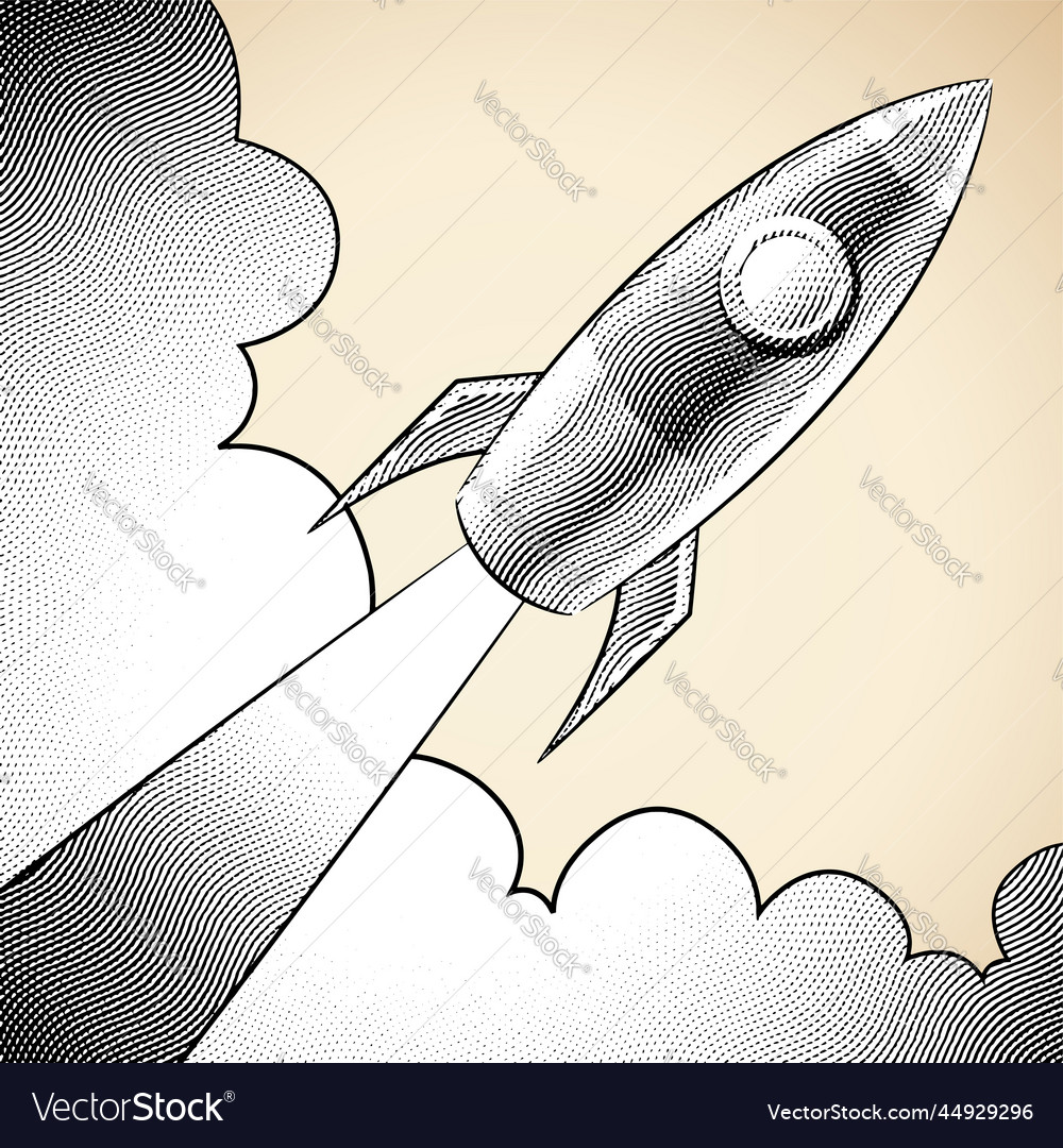 Scratchboard engraved diagonal rocket and clouds vector image Scratchboard engraved diagonal rocket and clouds
