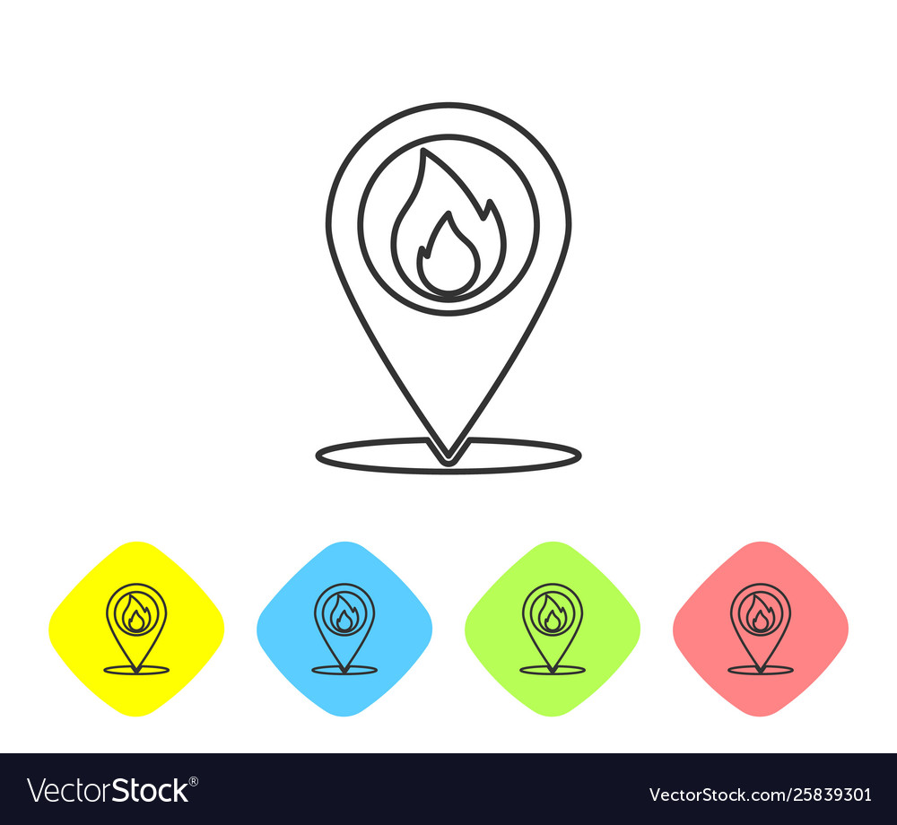 Grey map pointer with fire flame line icon vector image Grey map pointer with fire flame line icon