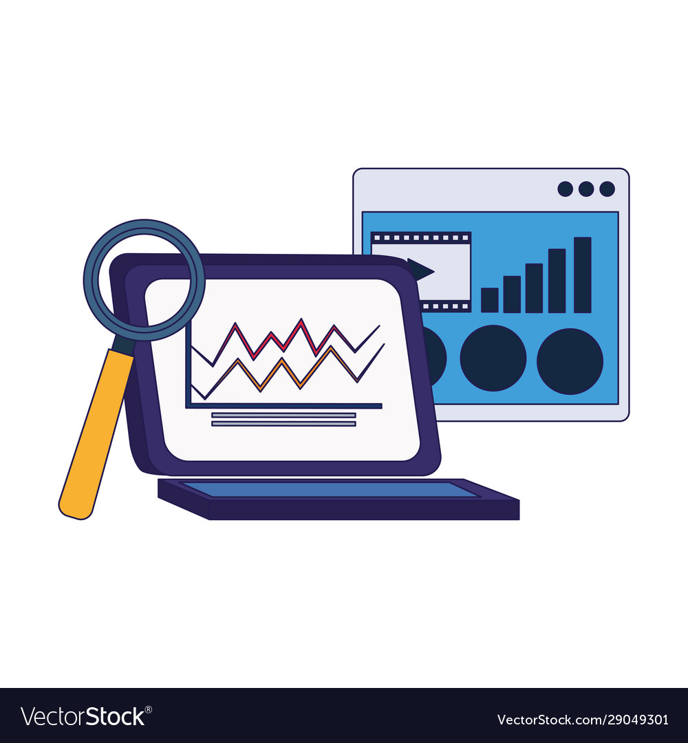 Laptop computer with web page and magnifying glass