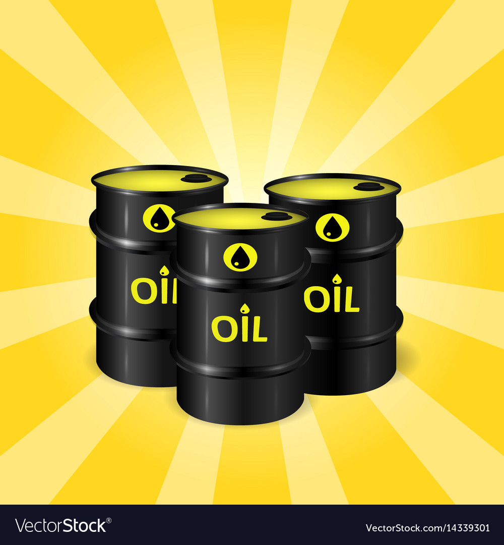 Three realistic oil barrels on sunray background Vector Image