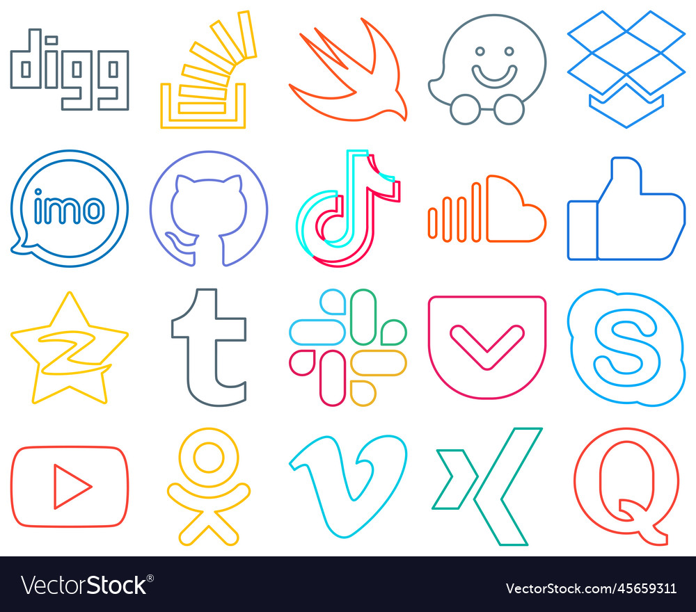 20 modern colourful outline social media icons