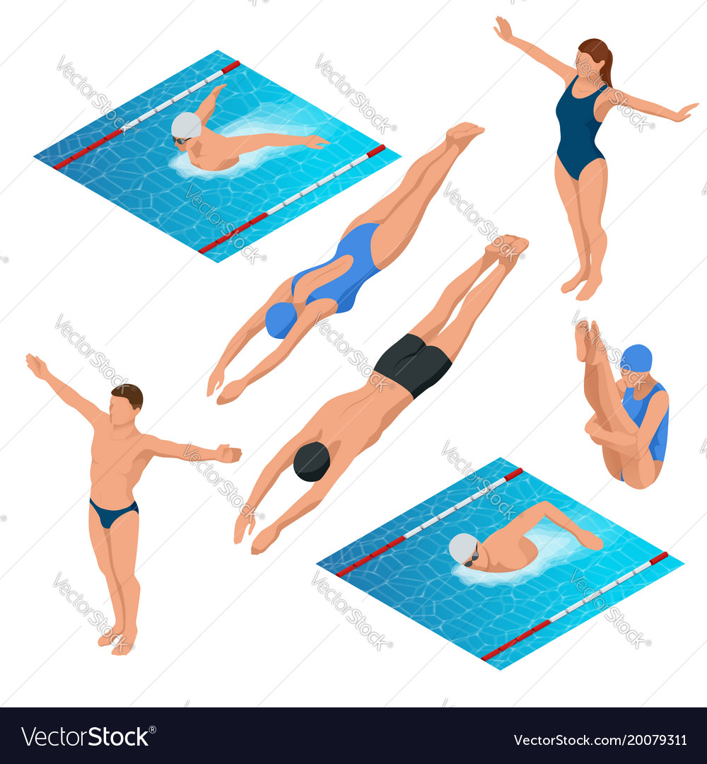 Isometric swimming pool swimmers human characters Vector Image