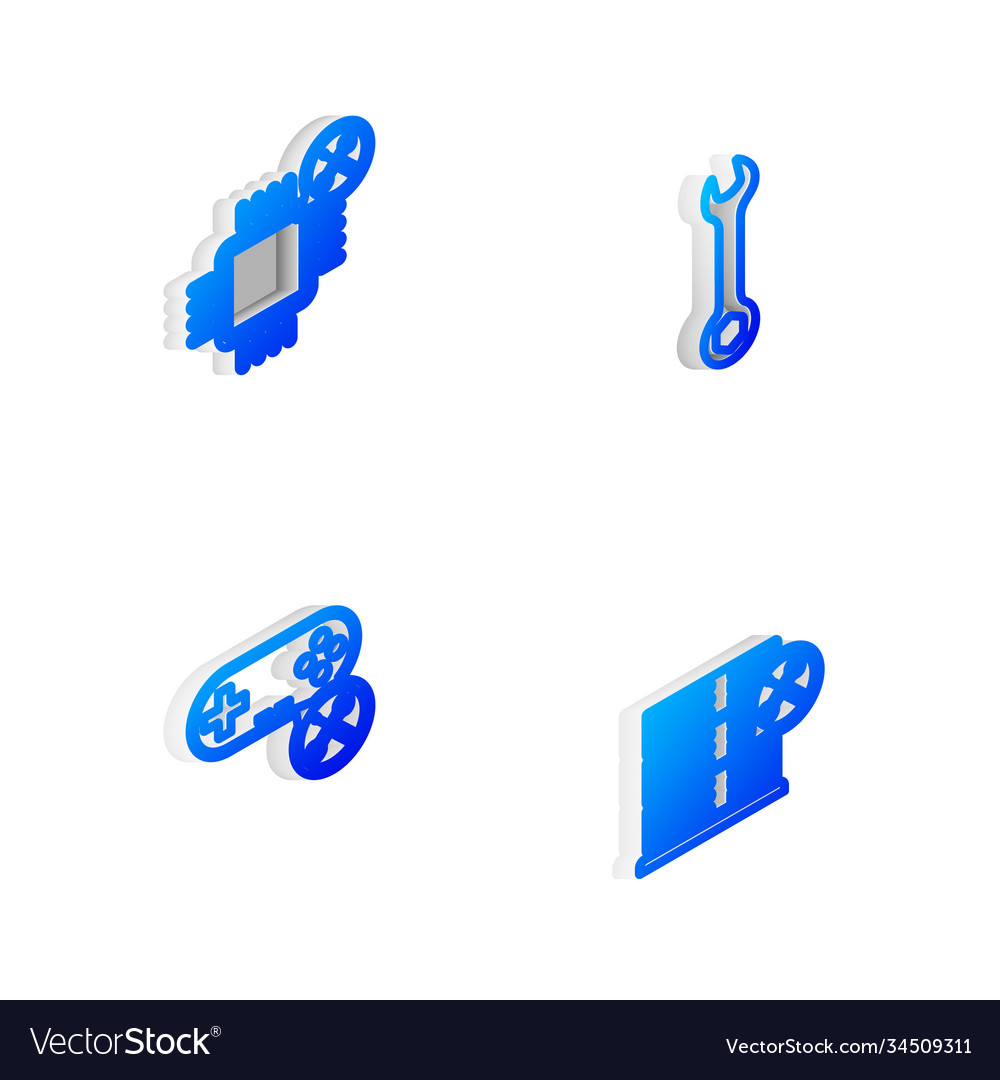 Set isometric line wrench processor service vector image Set isometric line wrench processor service