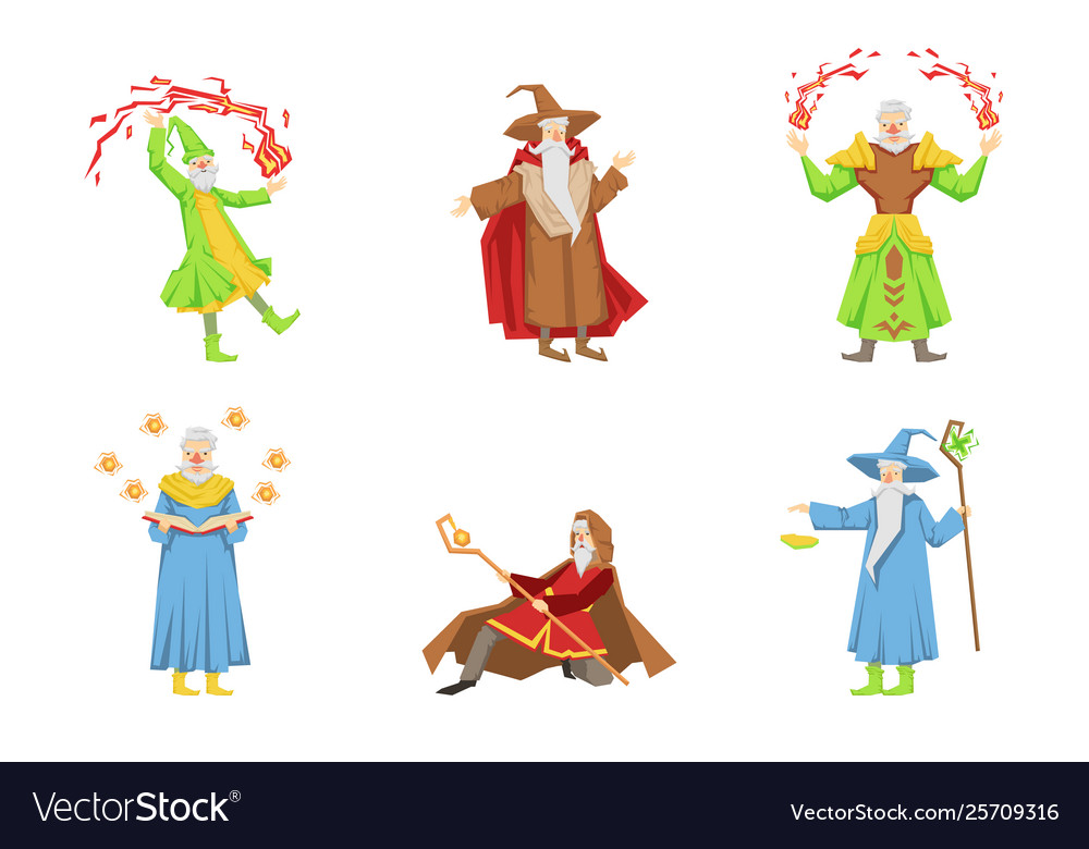 Flat set magicians in different actions vector image Flat set magicians in different actions