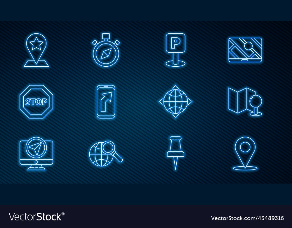 Set line location folded map with push pin vector image Set line location folded map with push pin