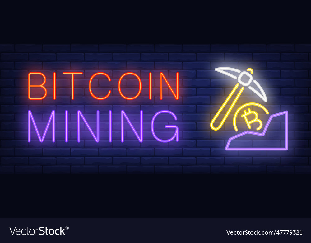 Bitcoin mining neon text with pickaxe