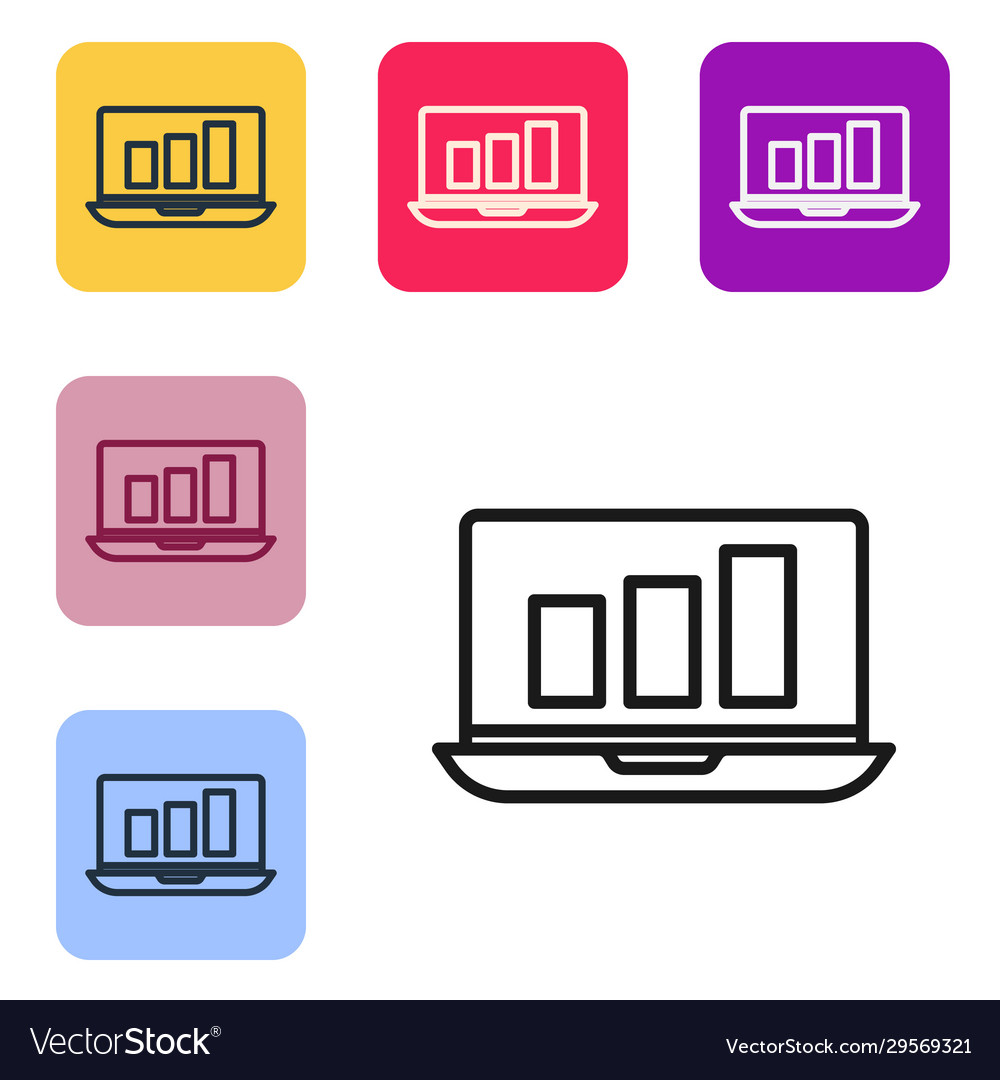 Black line laptop with graph chart icon isolated
