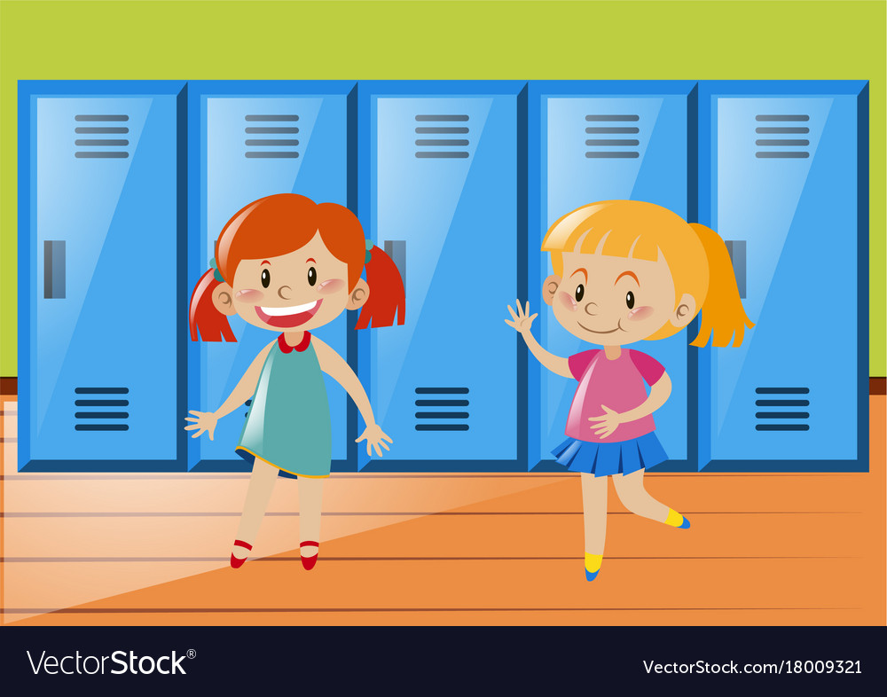 Two girls in front of lockers