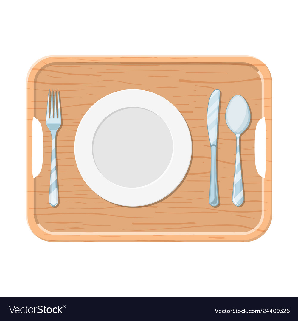 A wooden tray with iron plate knife and fork Vector Image