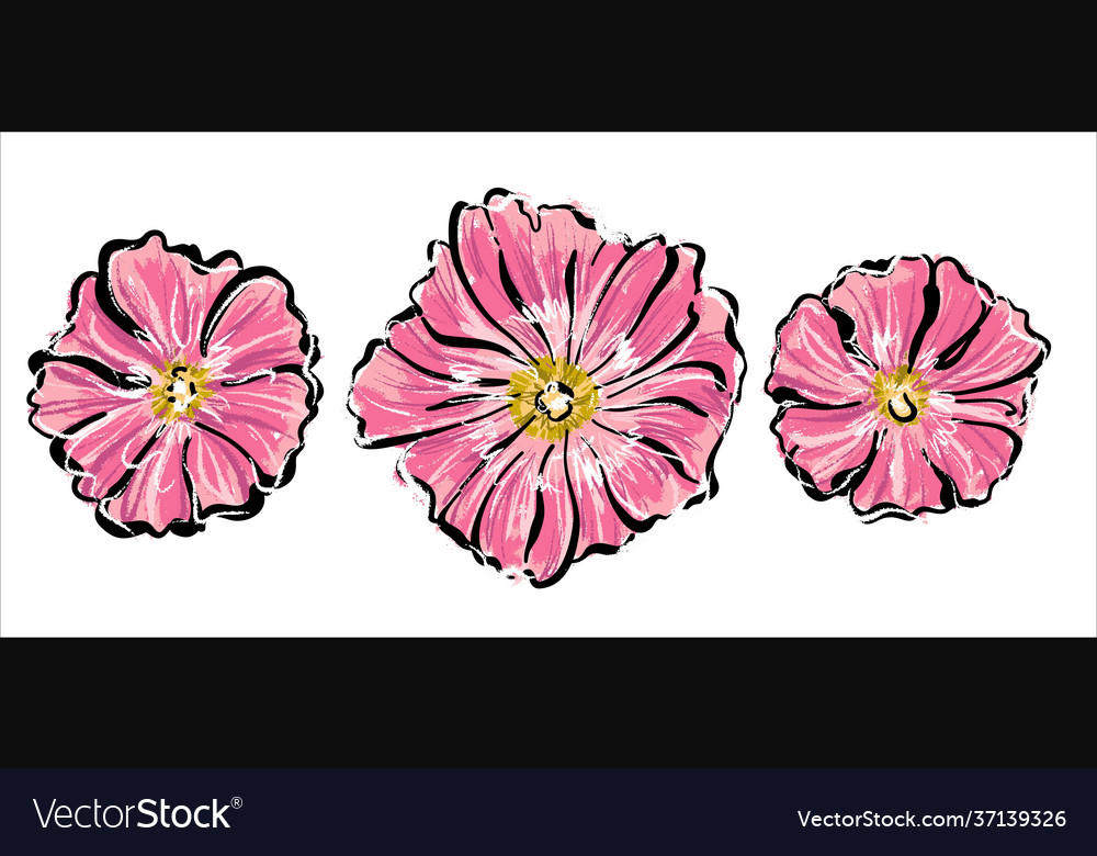 Blooming pink mallow flowers set stylish sketch