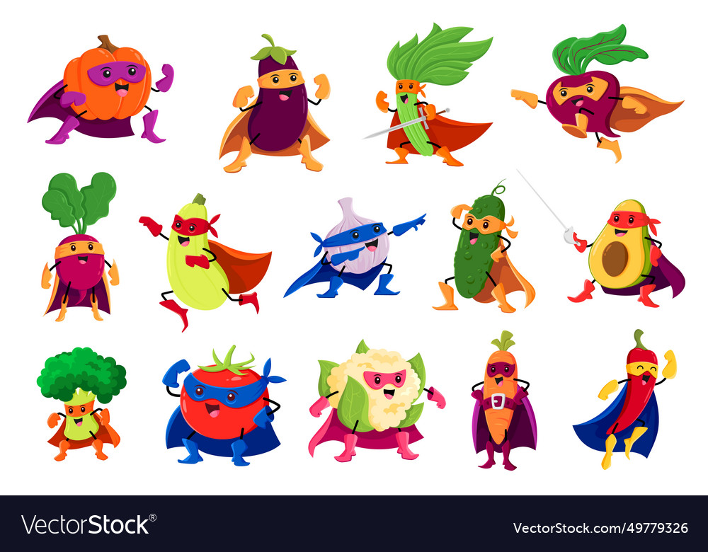 Cartoon Vegetable Superhero Characters Set Vector Image Cartoon Vegetable Superhero Characters Set Vector Image