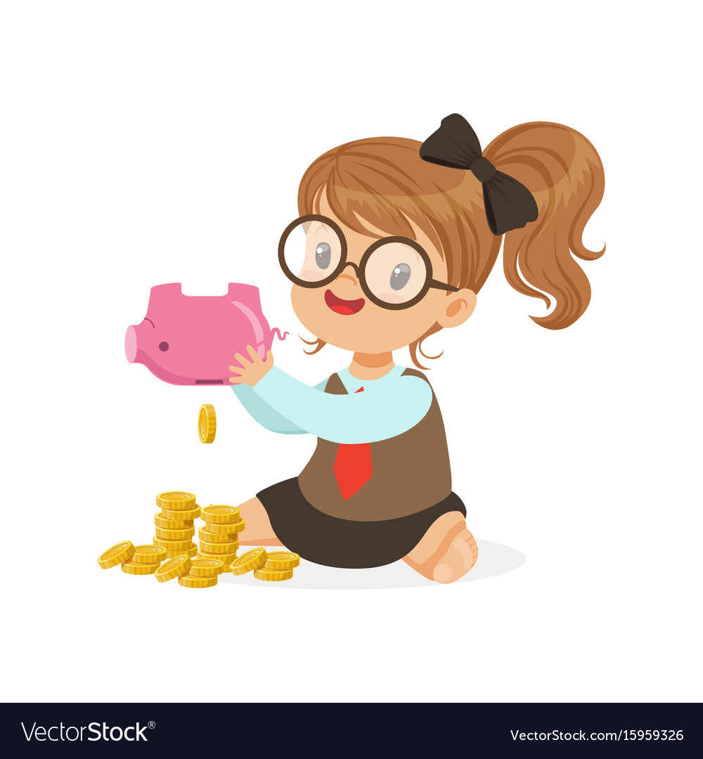 Cute little girl businesswoman shaking piggy bank