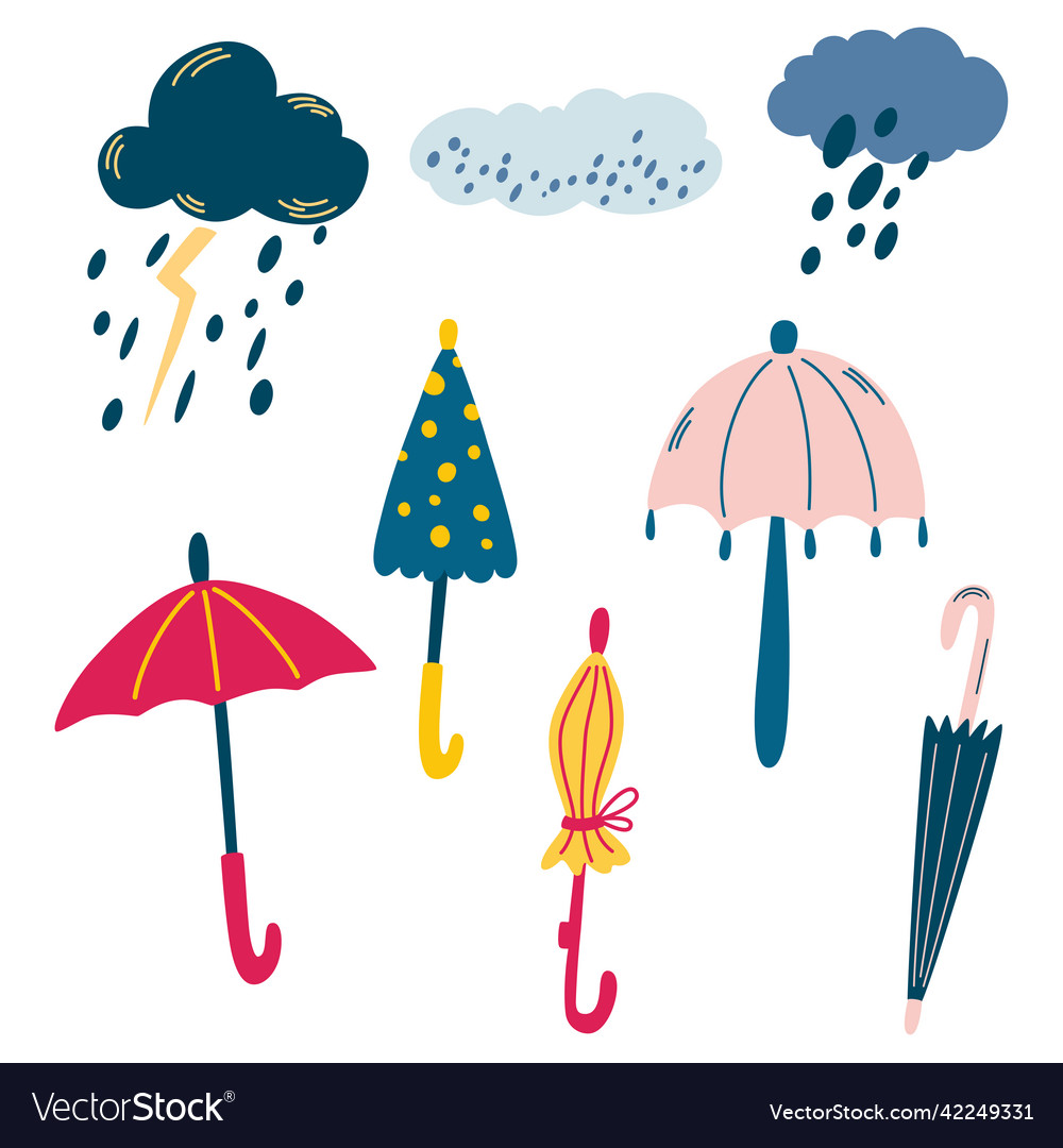 Clouds and umbrellas set with colorful Vector Image Clouds and umbrellas set with colorful
