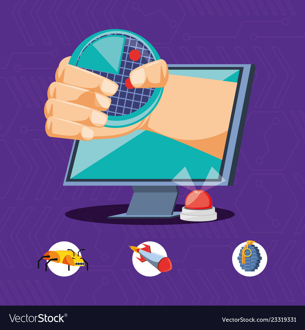 Monitor computer with icons cyber security
