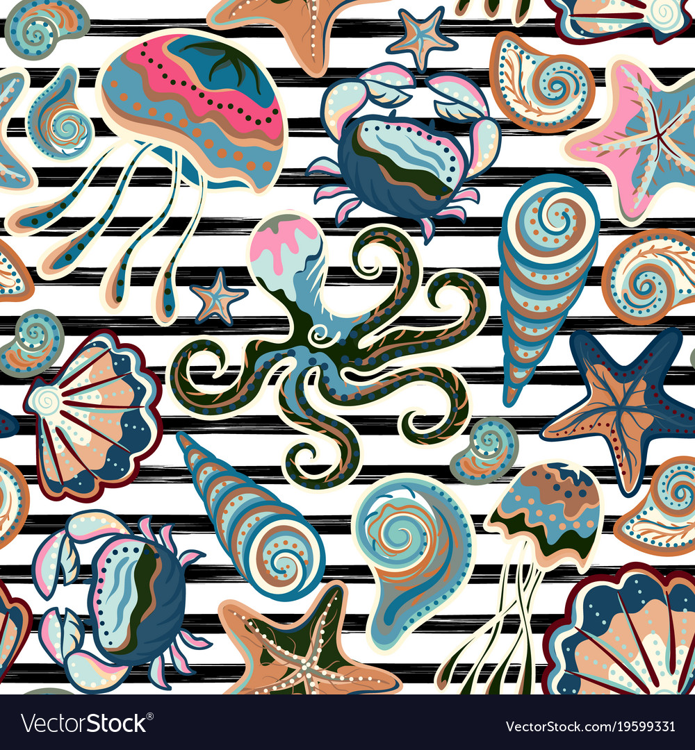 Seamless pattern of seashells on striped