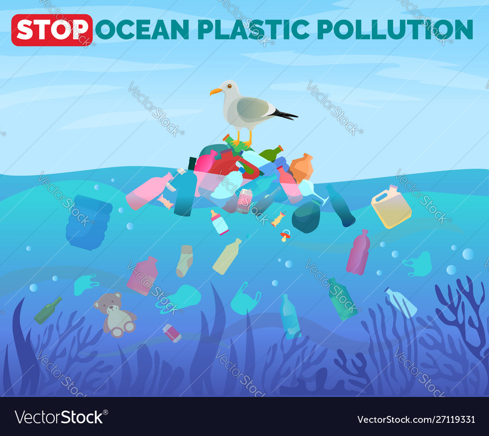 Stop ocean plastic pollution poster with pile of Vector Image