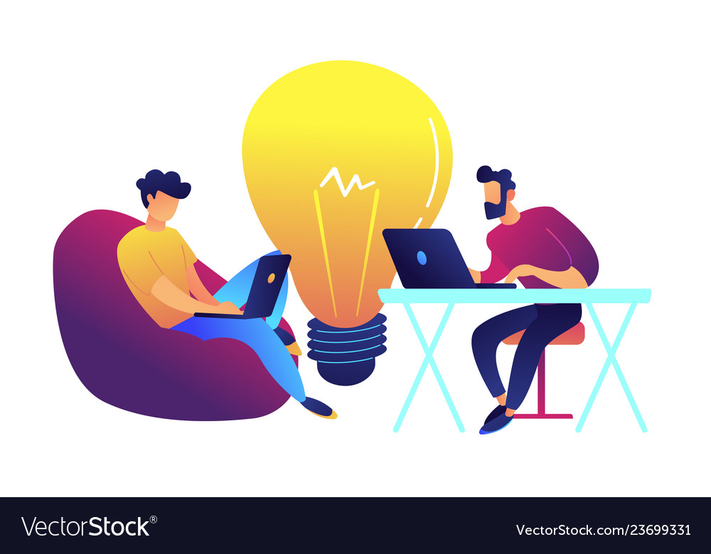 Two programmers working with laptop and big bulb Vector Image Two programmers working with laptop and big bulb
