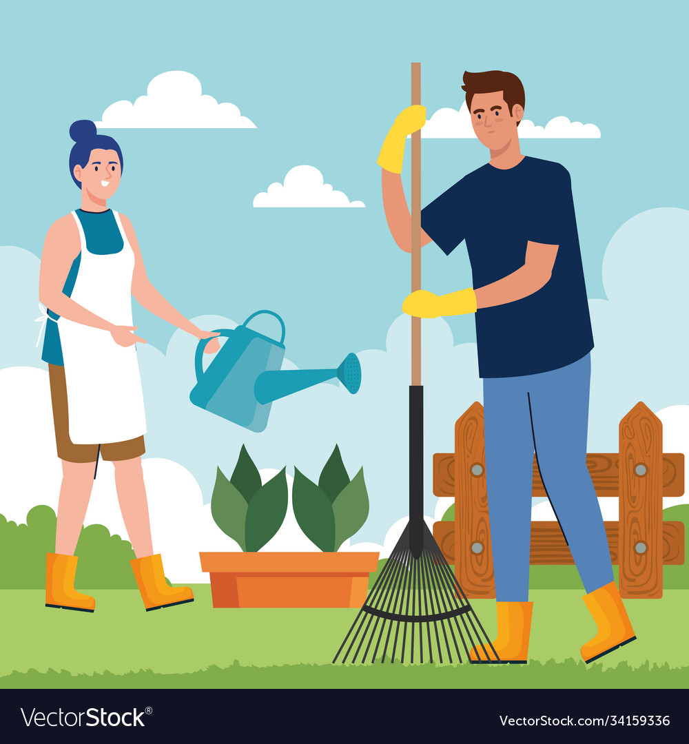 Gardening man and woman with rake watering can Vector Image