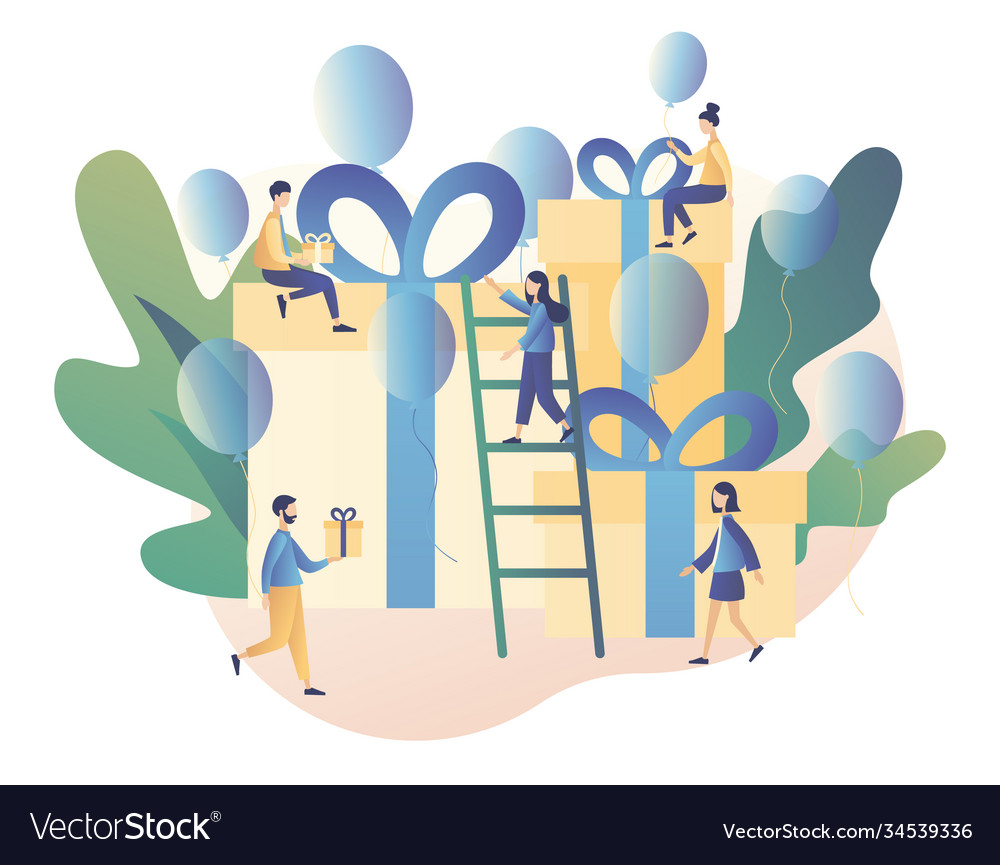 Happy birthday concept tiny people prepare vector image Happy birthday concept tiny people prepare