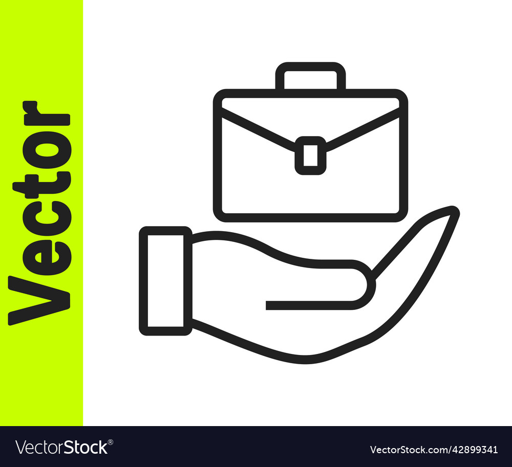 Black line hand holding briefcase icon isolated