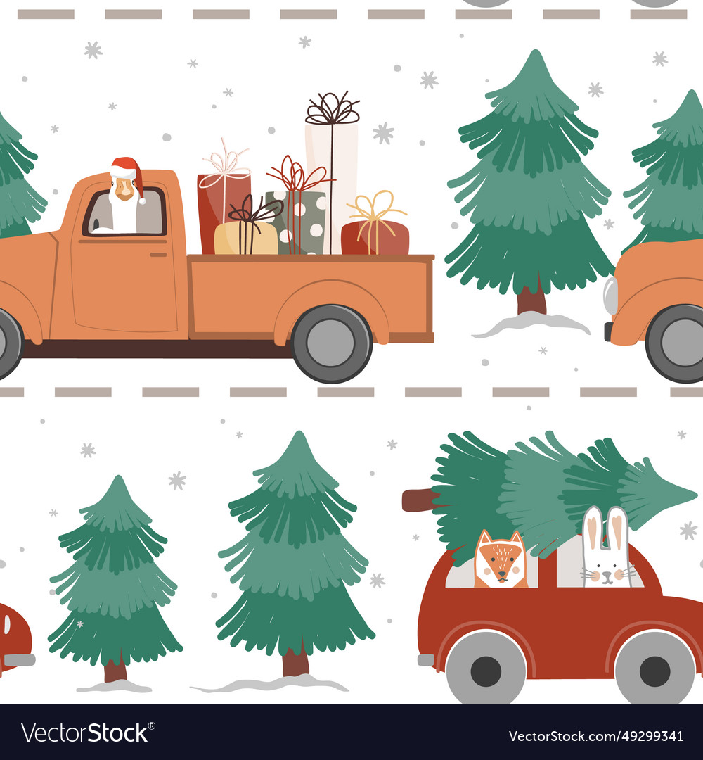 Cute animals riding a car with christmas tree vector image Cute animals riding a car with christmas tree