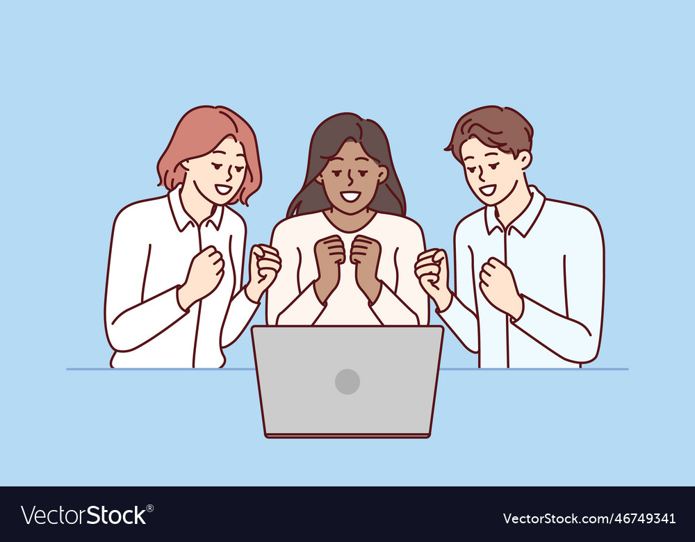 Team of excited friends sitting near laptop