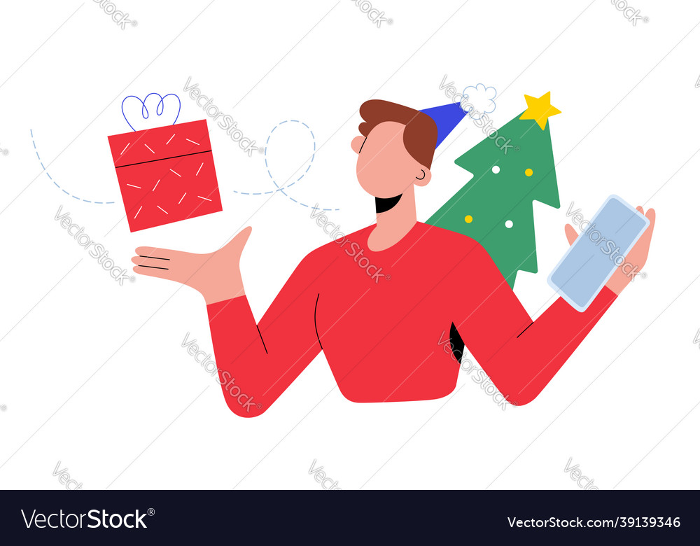 Christmas online shopping young woman using vector image Christmas online shopping young woman using