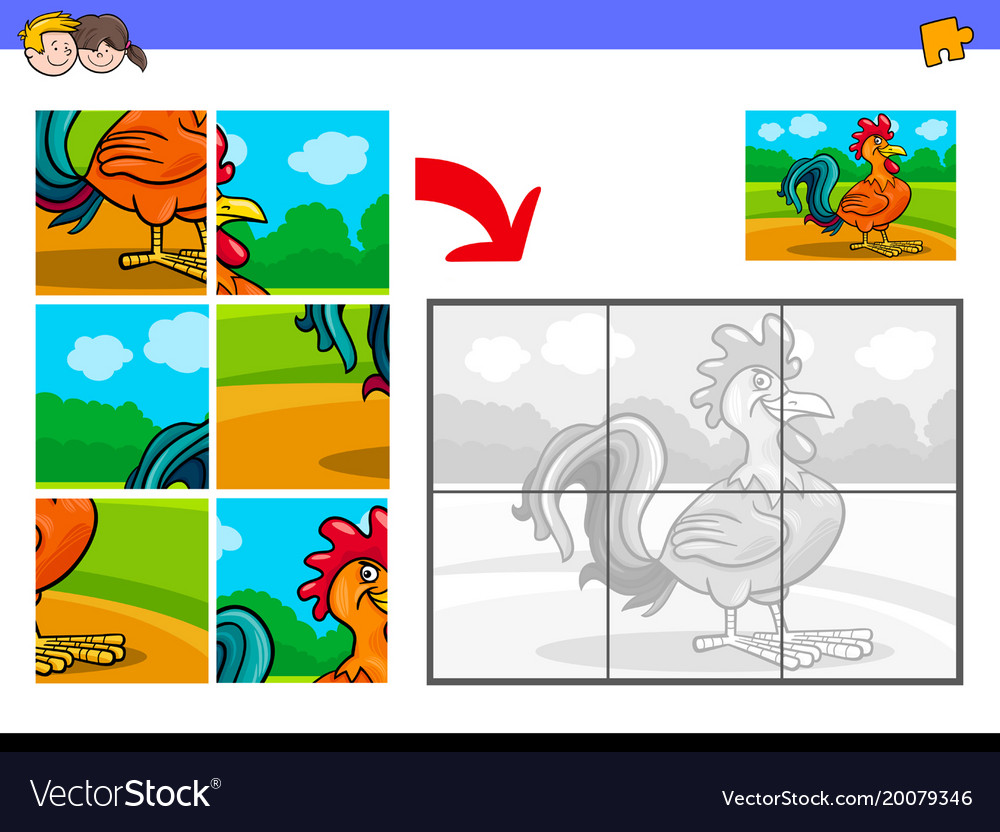 Jigsaw puzzles with rooster animal character Vector Image