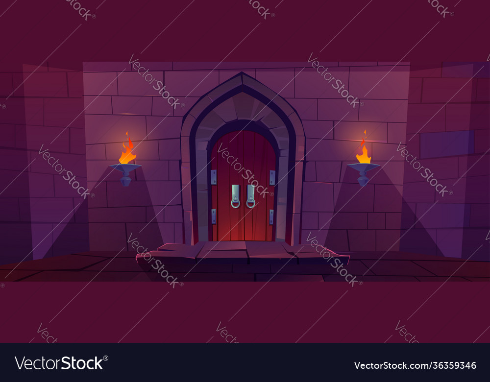 Wood door in medieval castle or dungeon Royalty Free Vector