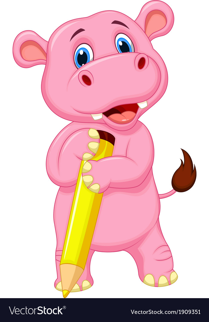 Cute hippo cartoon holding yellow pencil Vector Image