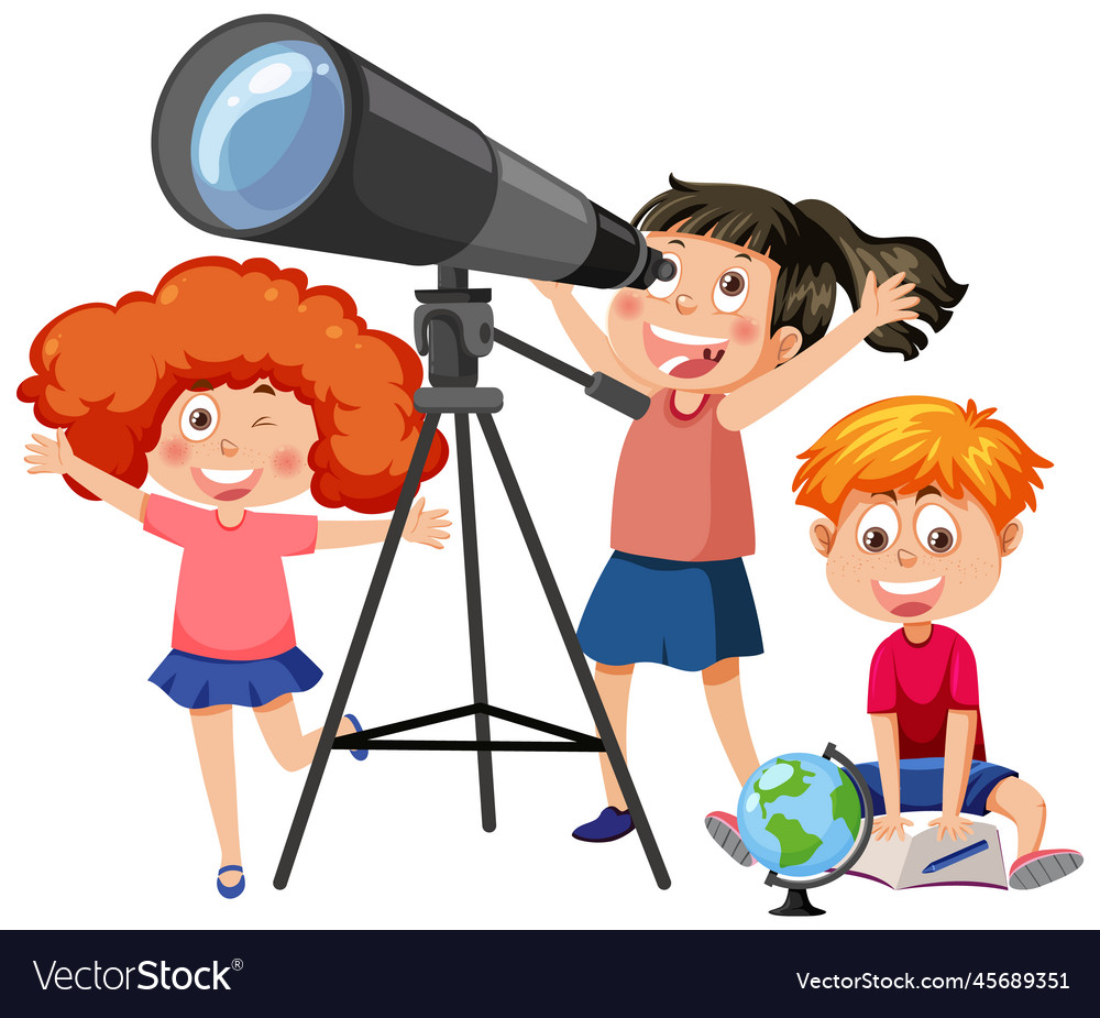 Kids observing through telescope