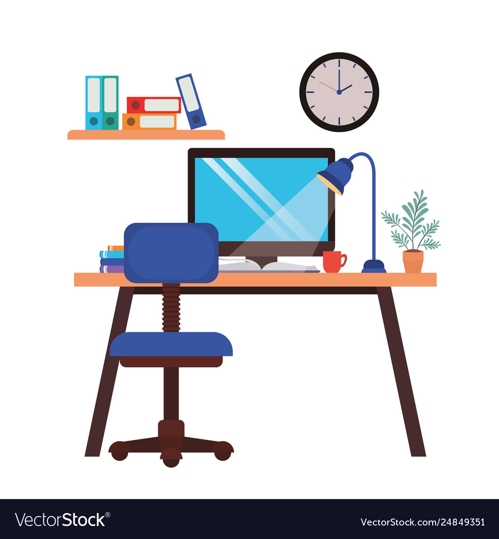 Office desk with computer isolated icon Vector Image Office desk with computer isolated icon