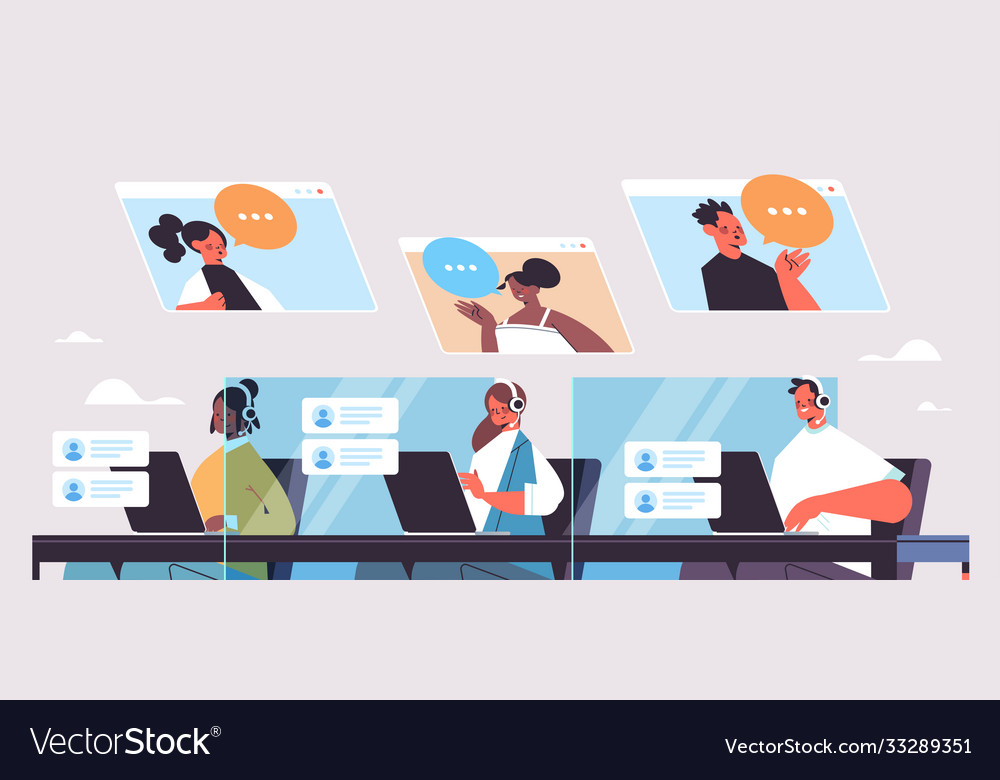 Operators with headset chatting clients call vector image Operators with headset chatting clients call