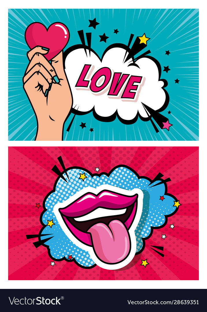 Set hand with heart and mouth pop art style