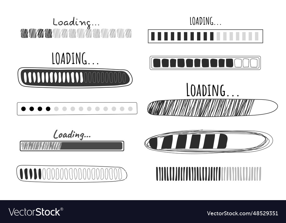 Set loading bar progress in doodle style isolated vector image Set loading bar progress in doodle style isolated