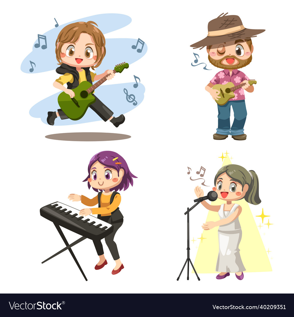 Set of musician band and singer performing cartoon