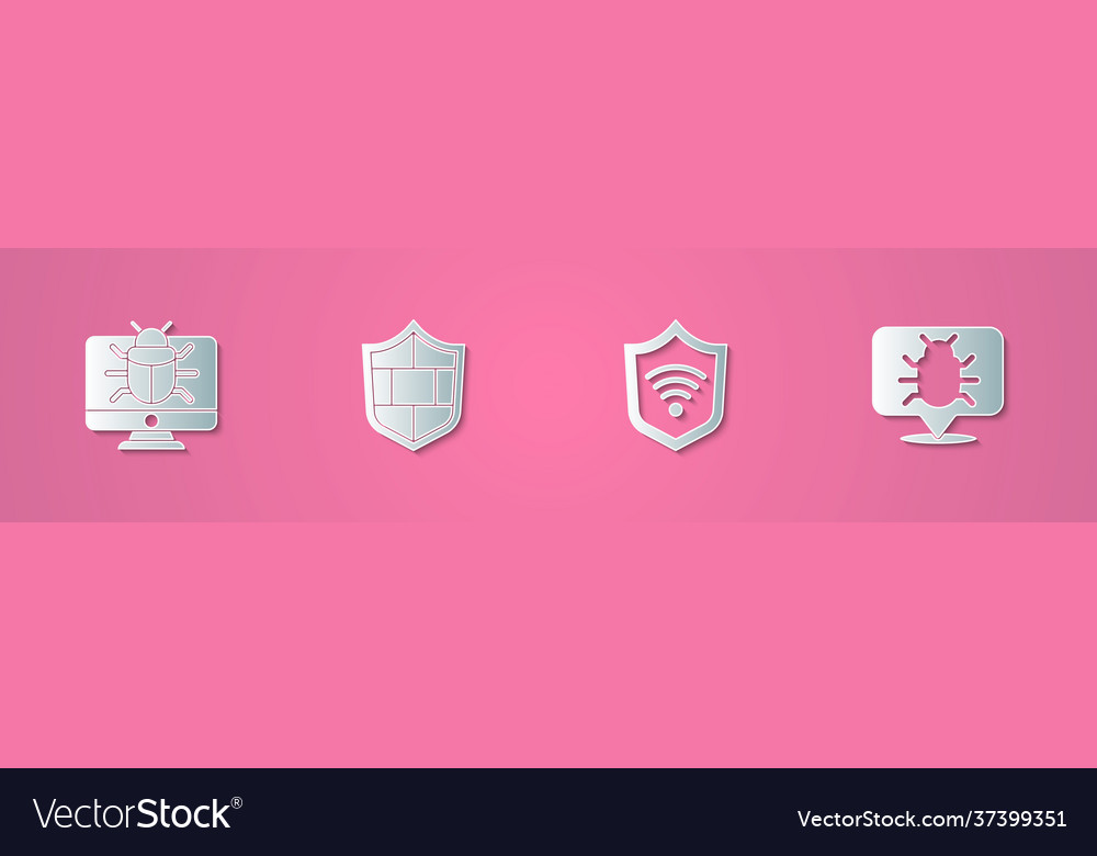 Set paper cut system bug on monitor shield vector image Set paper cut system bug on monitor shield