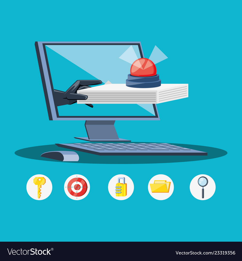 Desktop computer with icons cyber security