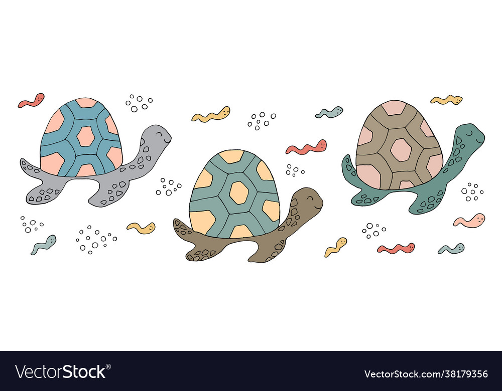 Drawing - funny sea turtle and hand drawn elements