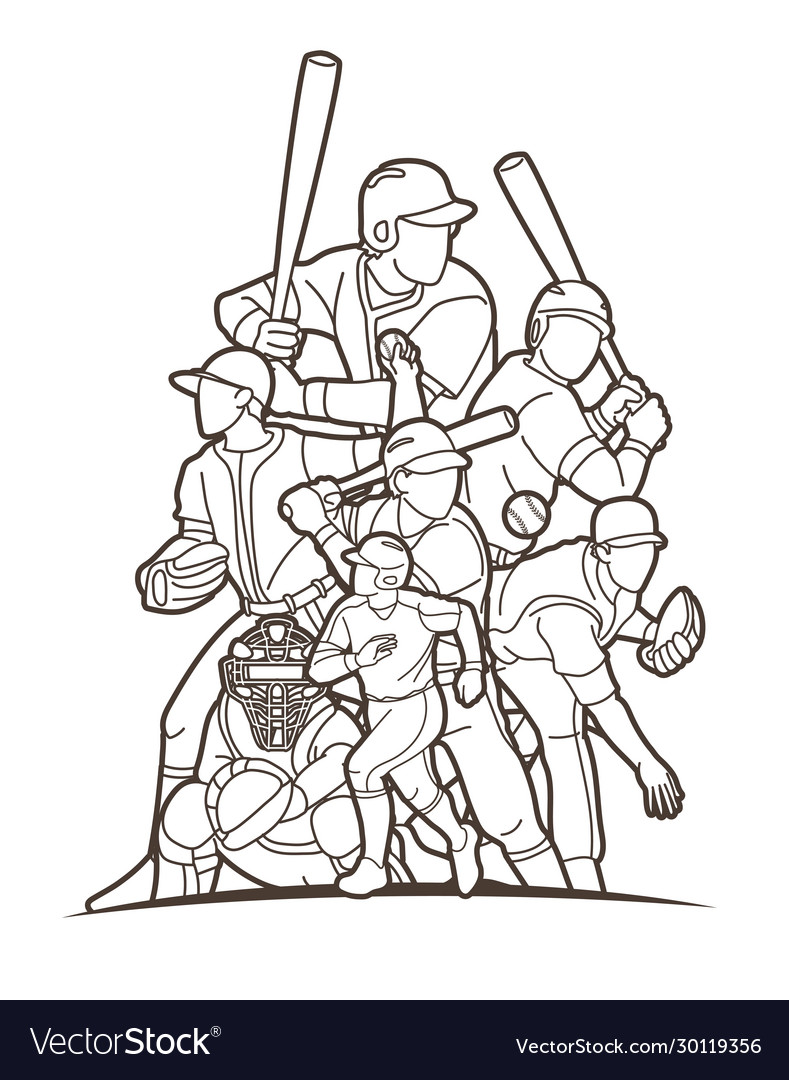 Group baseball players action cartoon sport