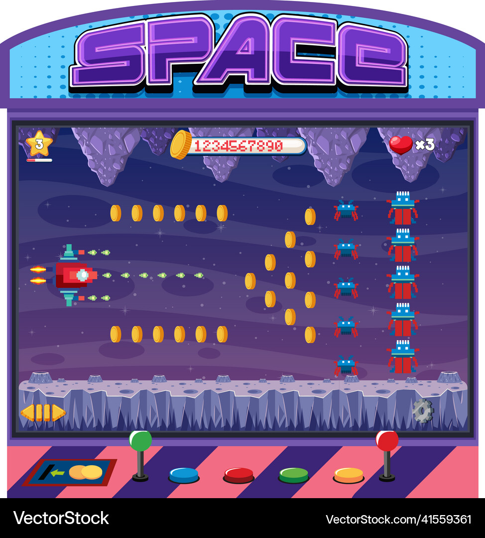 Retro arcade pixel space game interface Royalty Free Vector