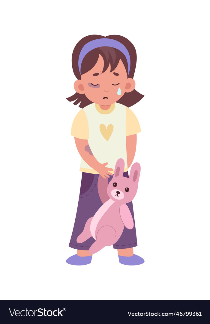 Sad girl with plush rabbit Royalty Free Vector Image