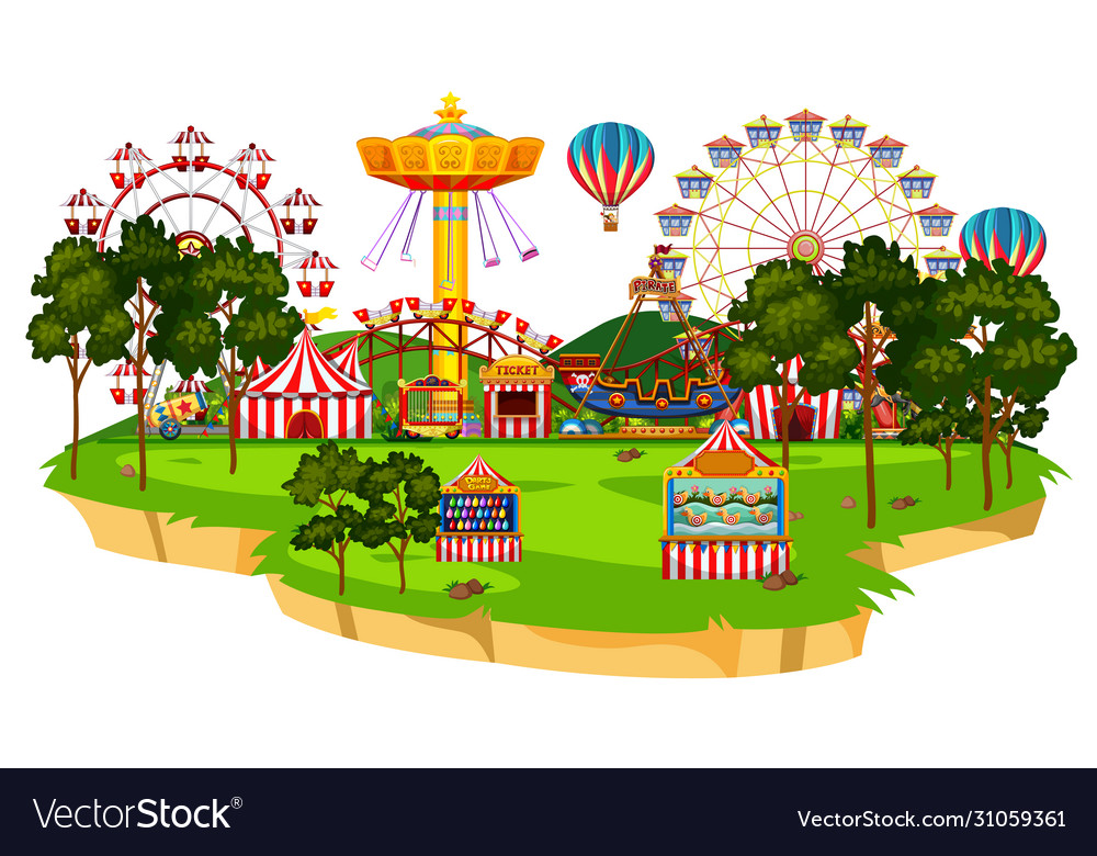 Scene with many rides in circus park Royalty Free Vector